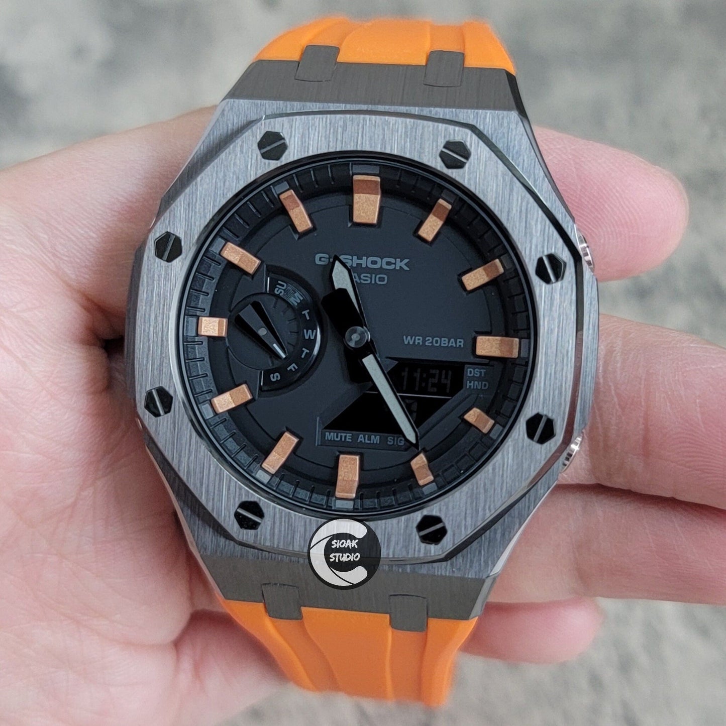 Casioak Mod Watch Silver Case Orange Rubber Strap Black Rose Gold Time Mark Black Dial 44mm- Casioak Mod Casio G-Shock Royal Oak Custom Mens Luxury Watches Ga2100