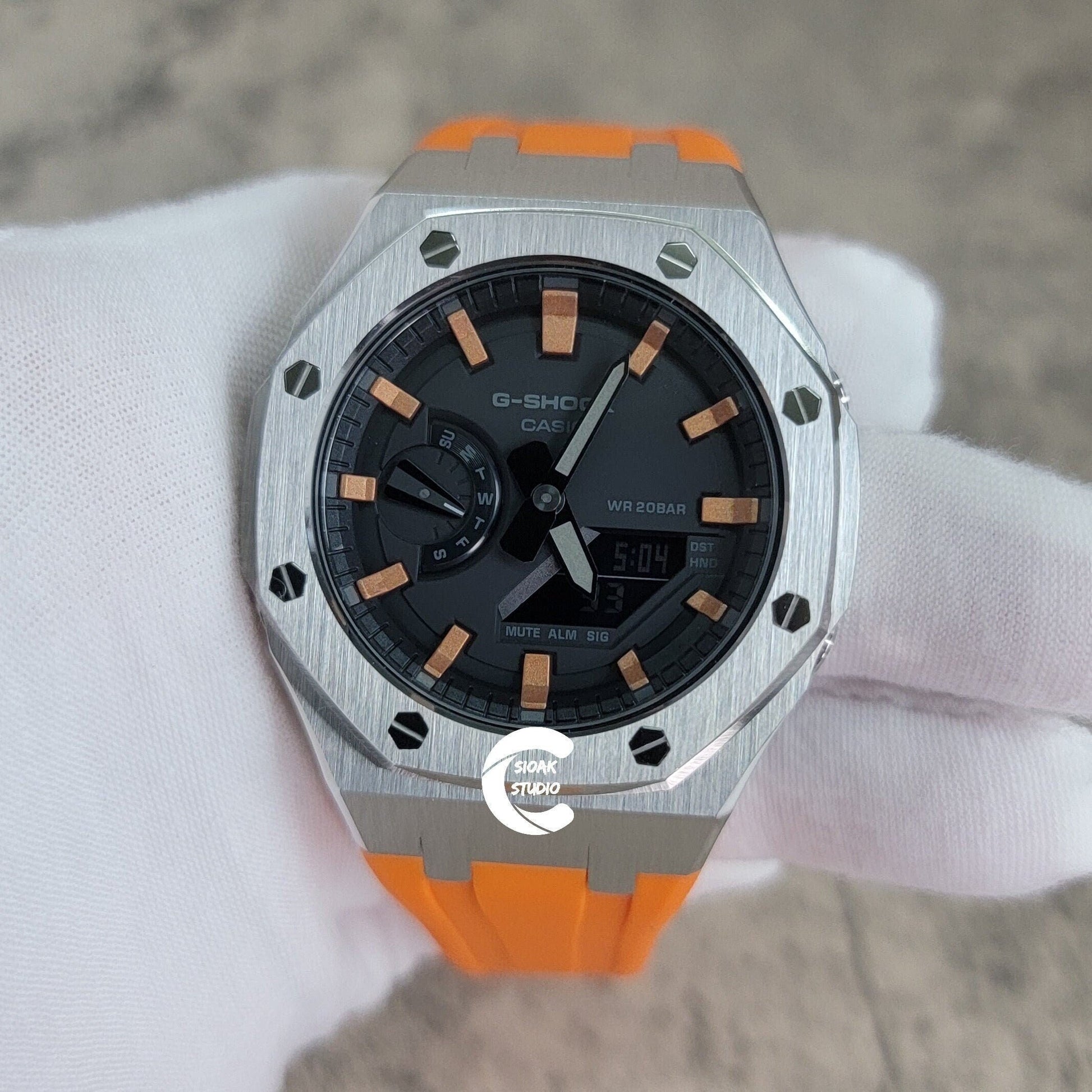 Casioak Mod Watch Silver Case Orange Rubber Strap Black Rose Gold Time Mark Black Dial 44mm- Casioak Mod Casio G-Shock Royal Oak Custom Mens Luxury Watches Ga2100