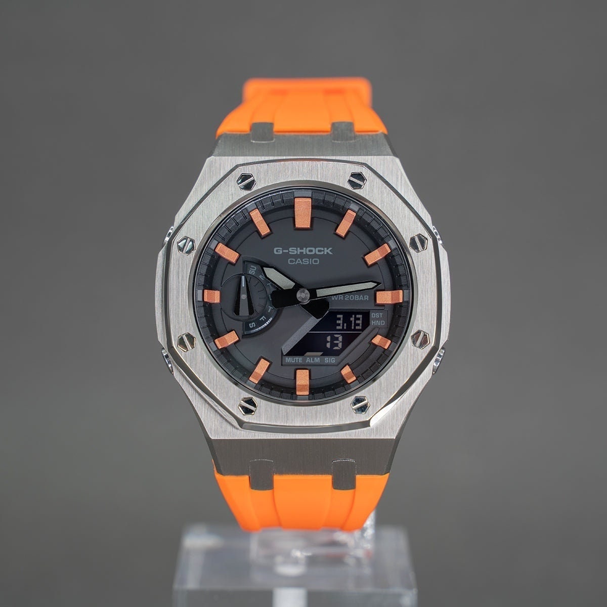 Casioak Mod Watch Silver Case Orange Rubber Strap Black Rose Gold Time Mark Black Dial 44mm- Casioak Mod Casio G-Shock Royal Oak Custom Mens Luxury Watches Ga2100