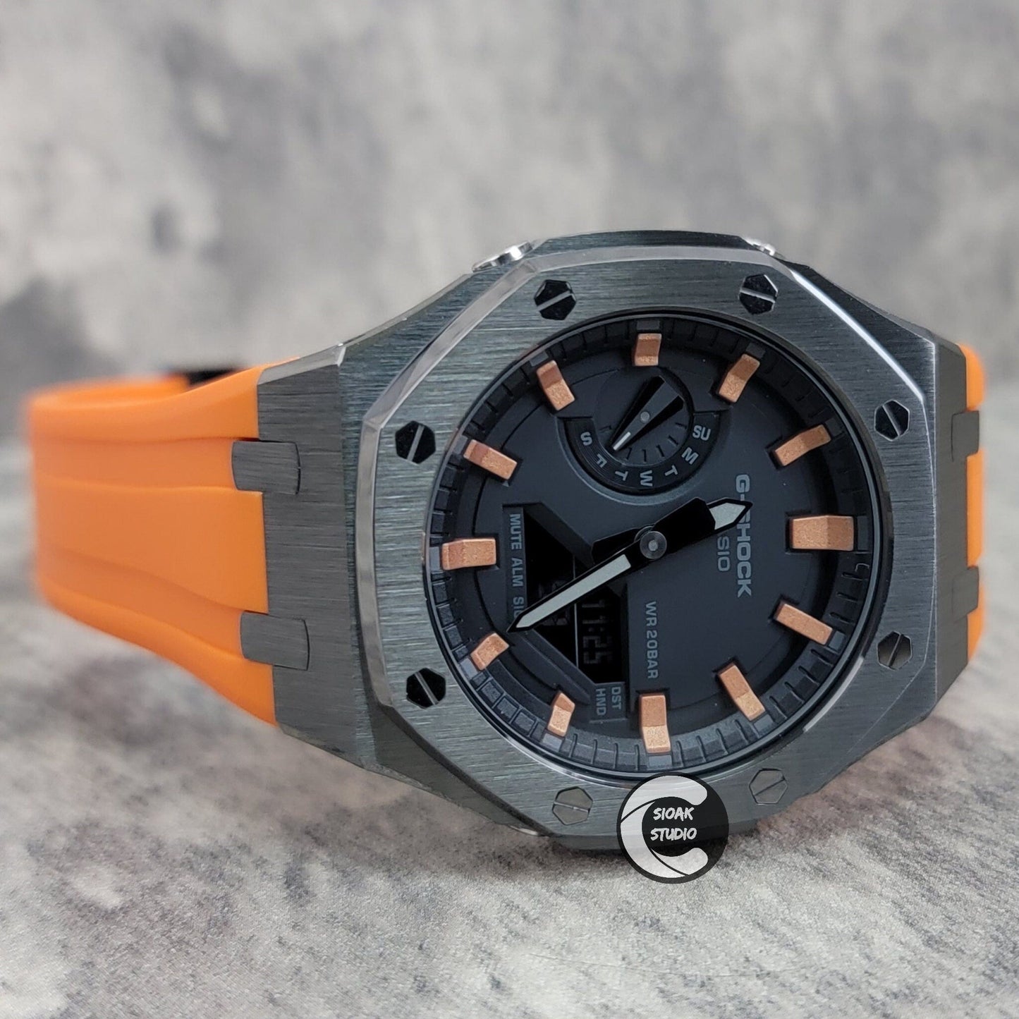 Casioak Mod Watch Silver Case Orange Rubber Strap Black Rose Gold Time Mark Black Dial 44mm- Casioak Mod Casio G-Shock Royal Oak Custom Mens Luxury Watches Ga2100