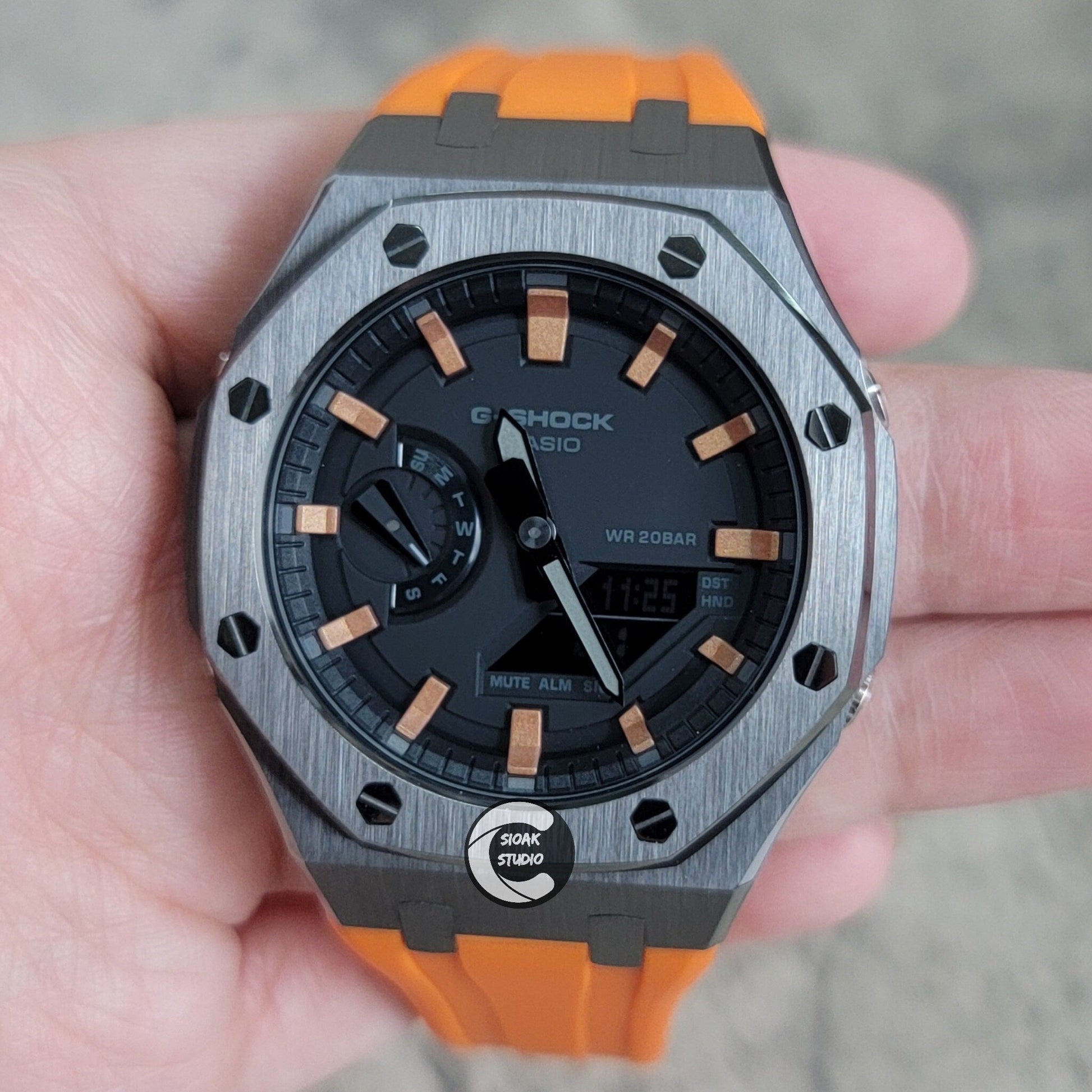 Casioak Mod Watch Silver Case Orange Rubber Strap Black Rose Gold Time Mark Black Dial 44mm- Casioak Mod Casio G-Shock Royal Oak Custom Mens Luxury Watches Ga2100