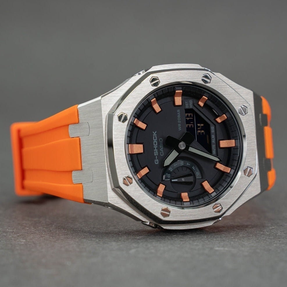 Casioak Mod Watch Silver Case Orange Rubber Strap Black Rose Gold Time Mark Black Dial 44mm- Casioak Mod Casio G-Shock Royal Oak Custom Mens Luxury Watches Ga2100