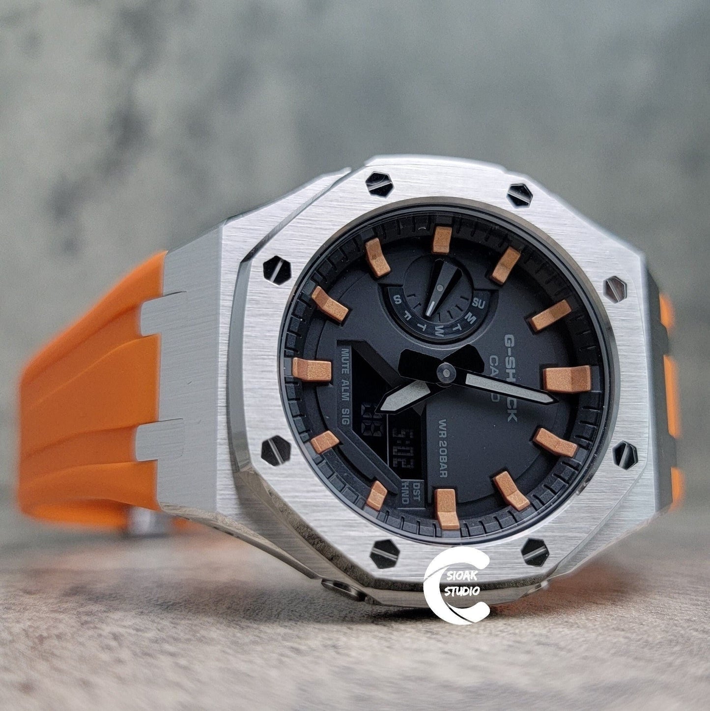 Casioak Mod Watch Silver Case Orange Rubber Strap Black Rose Gold Time Mark Black Dial 44mm- Casioak Mod Casio G-Shock Royal Oak Custom Mens Luxury Watches Ga2100