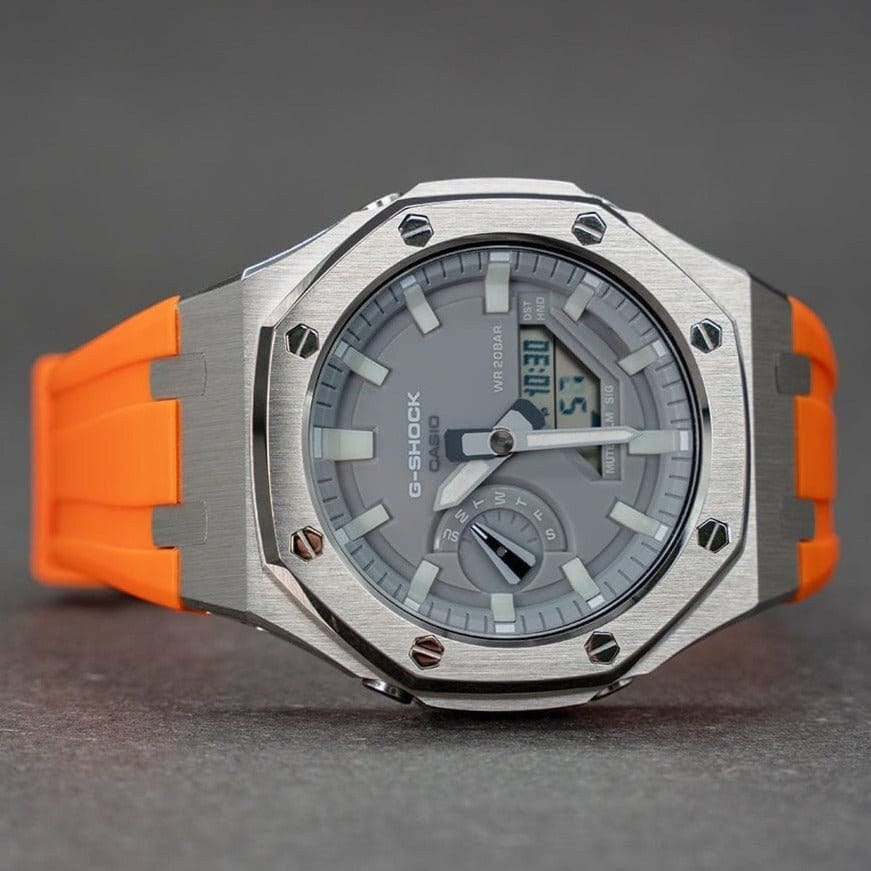 Casioak Mod Watch Silver Case Orange Rubber Strap Gray Luminous Time Mark Gray Dial 44mm- Casioak Mod Casio G-Shock Royal Oak Custom Mens Luxury Watches Ga2100