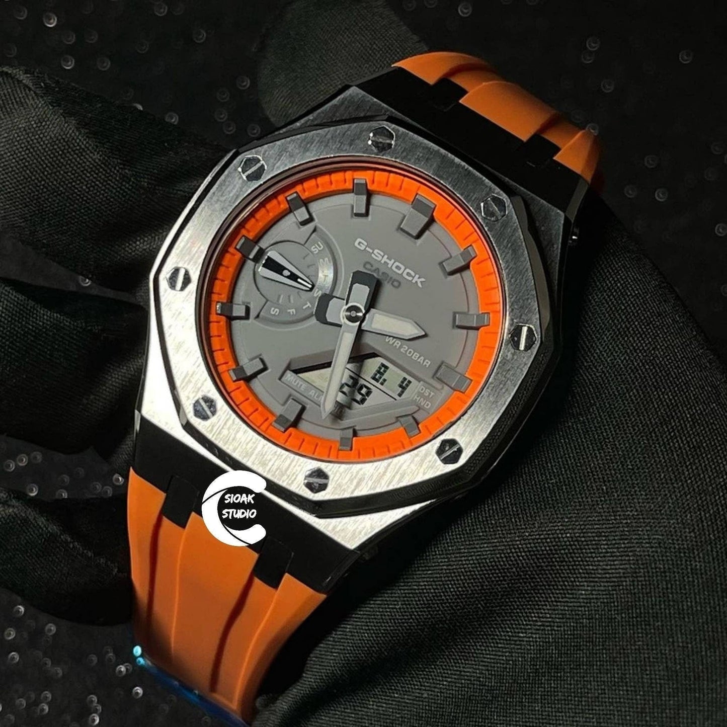 Casioak Mod Watch Silver Case Orange Rubber Strap Orange Gray Time Mark Gray Dial 44mm- Casioak Mod Casio G-Shock Royal Oak Custom Mens Luxury Watches Ga2100