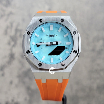 Casioak Mod Watch Silver Case Orange Rubber Strap Toffamy White Time Mark Tiff Blue Dial 44mm- Casioak Mod Casio G-Shock Royal Oak Custom Mens Luxury Watches Ga2100