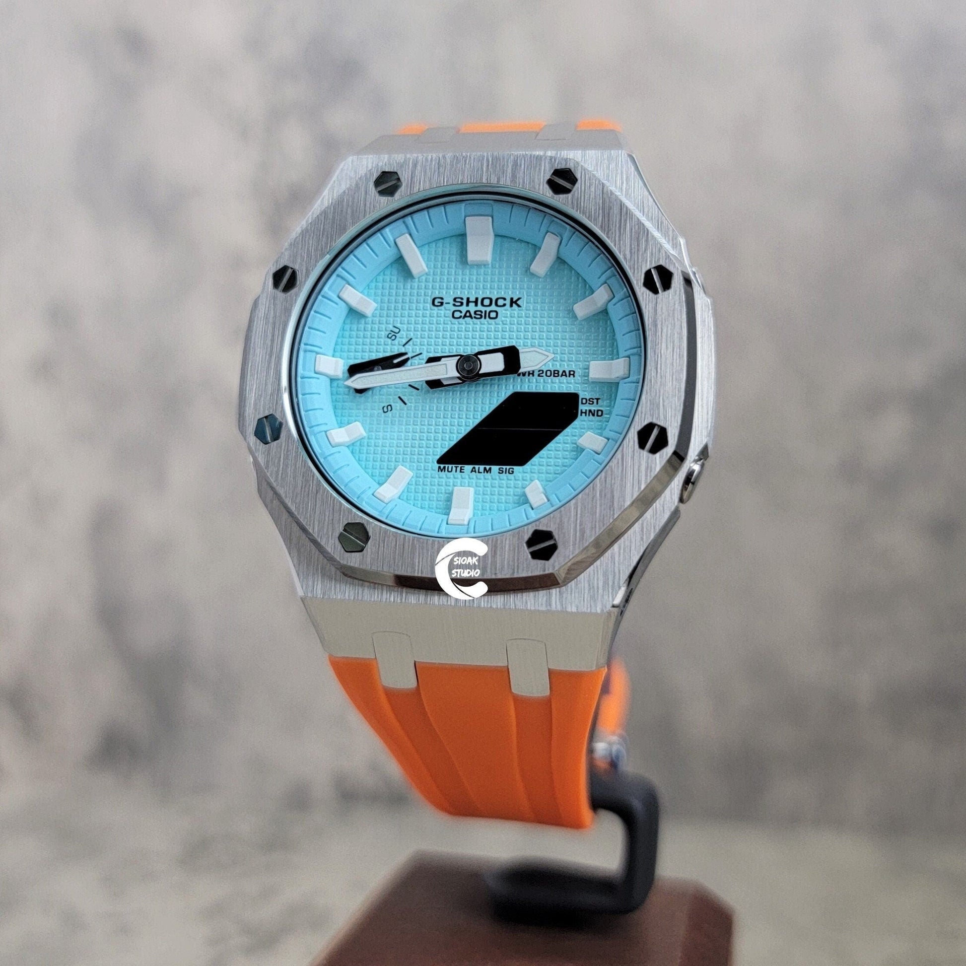 Casioak Mod Watch Silver Case Orange Rubber Strap Toffamy White Time Mark Tiff Blue Dial 44mm- Casioak Mod Casio G-Shock Royal Oak Custom Mens Luxury Watches Ga2100