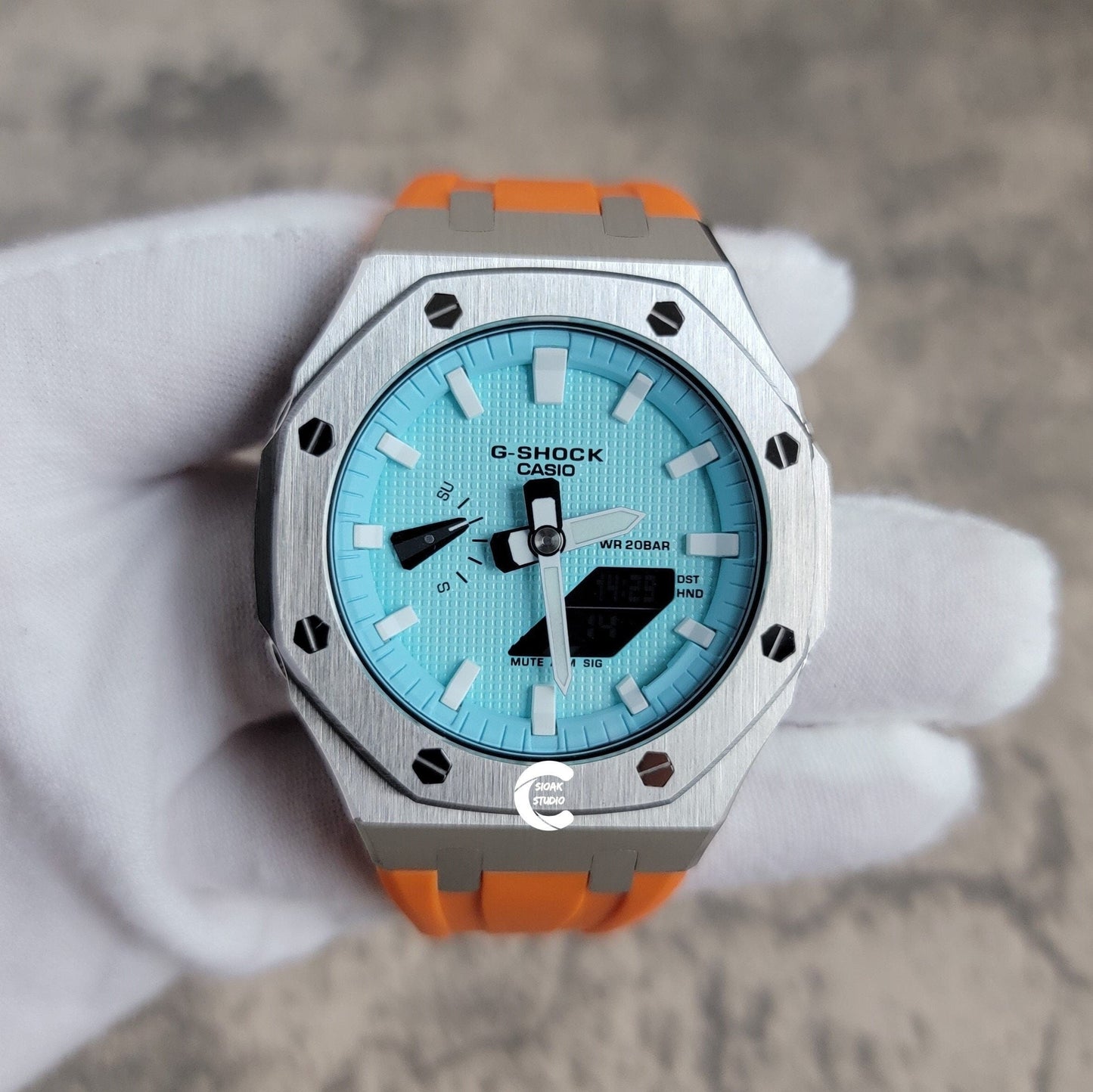 Casioak Mod Watch Silver Case Orange Rubber Strap Toffamy White Time Mark Tiff Blue Dial 44mm- Casioak Mod Casio G-Shock Royal Oak Custom Mens Luxury Watches Ga2100