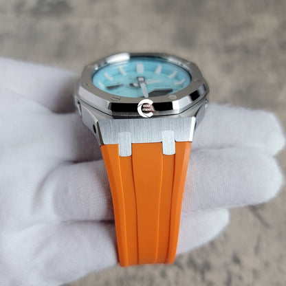 Casioak Mod Watch Silver Case Orange Rubber Strap Toffamy White Time Mark Tiff Blue Dial 44mm- Casioak Mod Casio G-Shock Royal Oak Custom Mens Luxury Watches Ga2100