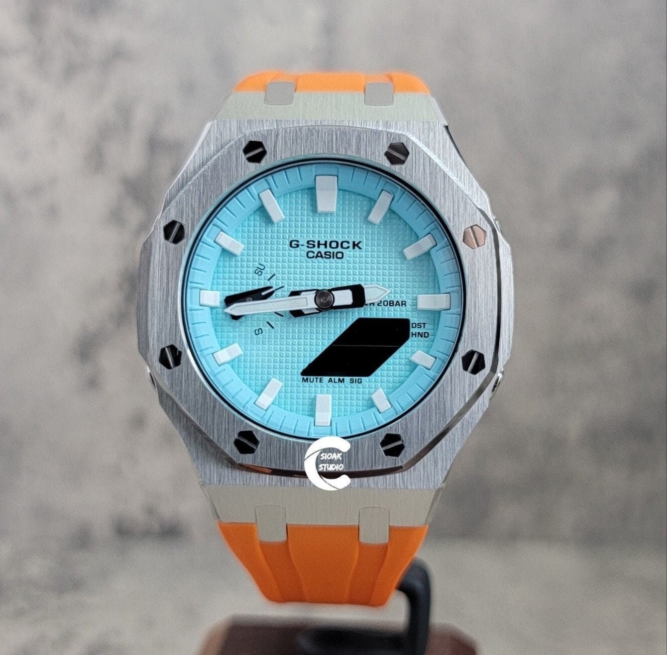 Casioak Mod Watch Silver Case Orange Rubber Strap Toffamy White Time Mark Tiff Blue Dial 44mm- Casioak Mod Casio G-Shock Royal Oak Custom Mens Luxury Watches Ga2100