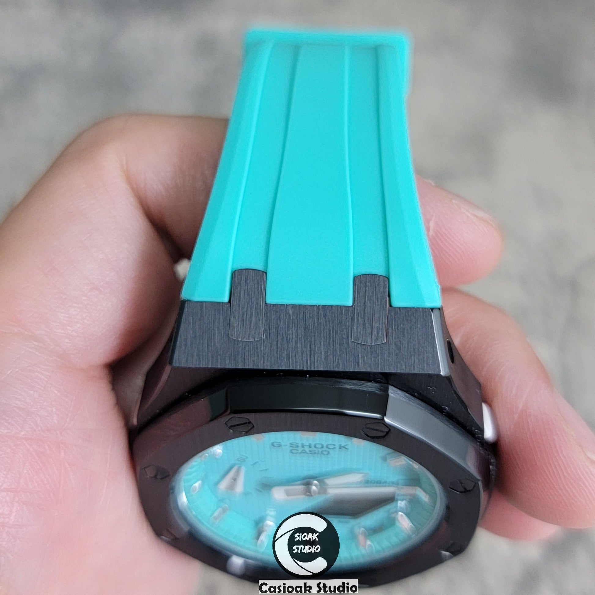 Casioak Mod Watch Silver Case Tiff Blue Rubber Strap Tiff Blue Silver Time Mark Tiff Blue Dial 42mm- Casioak Mod Casio G-Shock Royal Oak Custom Mens Luxury Watches Ga2100