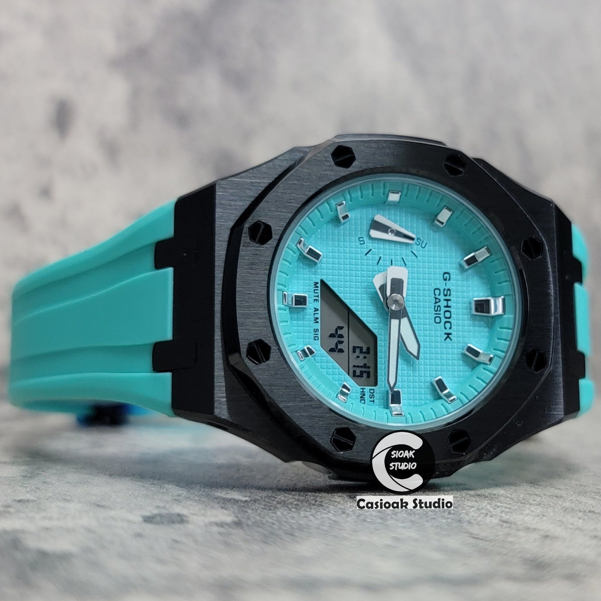 Casioak Mod Watch Silver Case Tiff Rubber Strap Tiff Silver Time Mark Tiff Blue Dial 42mm- Casioak Mod Casio G-Shock Royal Oak Custom Mens Luxury Watches Ga2100