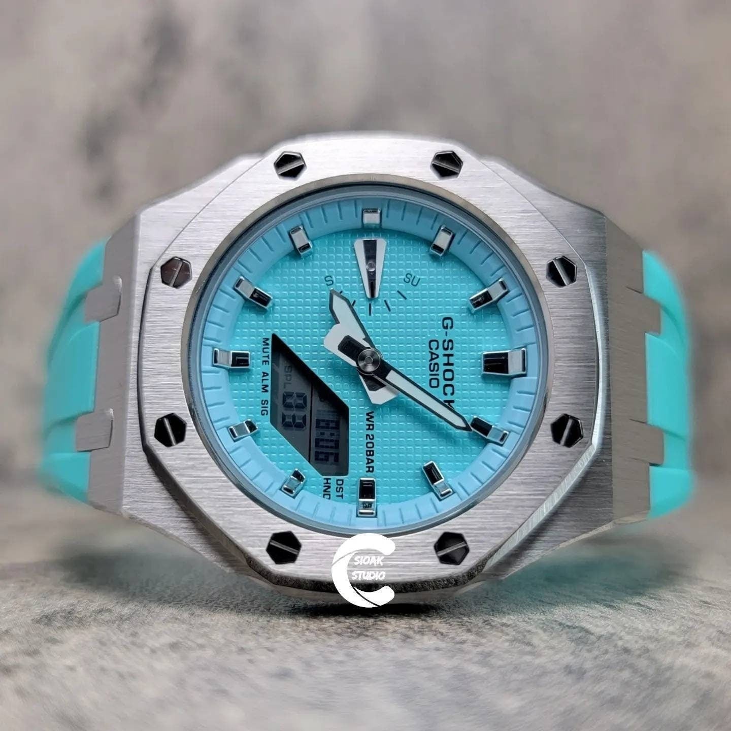 Casioak Mod Watch Silver Case Tiff Rubber Strap Tiff Silver Time Mark Tiff Blue Dial 42mm (Copy)- Casioak Mod Casio G-Shock Royal Oak Custom Mens Luxury Watches Ga2100