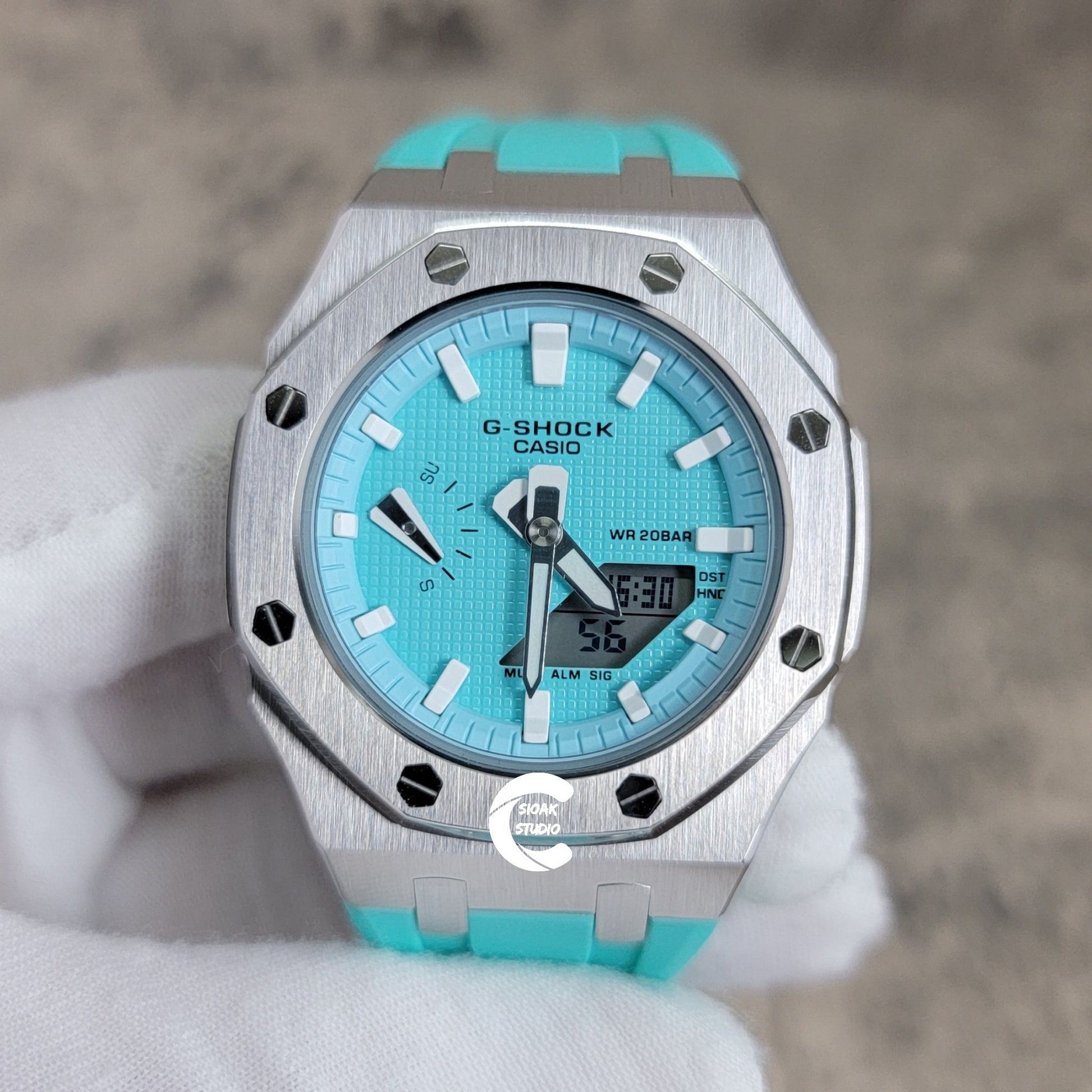 Casioak Mod Watch Silver Case Tiff Rubber Strap Tiff White Time Mark Tiff Blue Dial 42mm- Casioak Mod Casio G-Shock Royal Oak Custom Mens Luxury Watches Ga2100