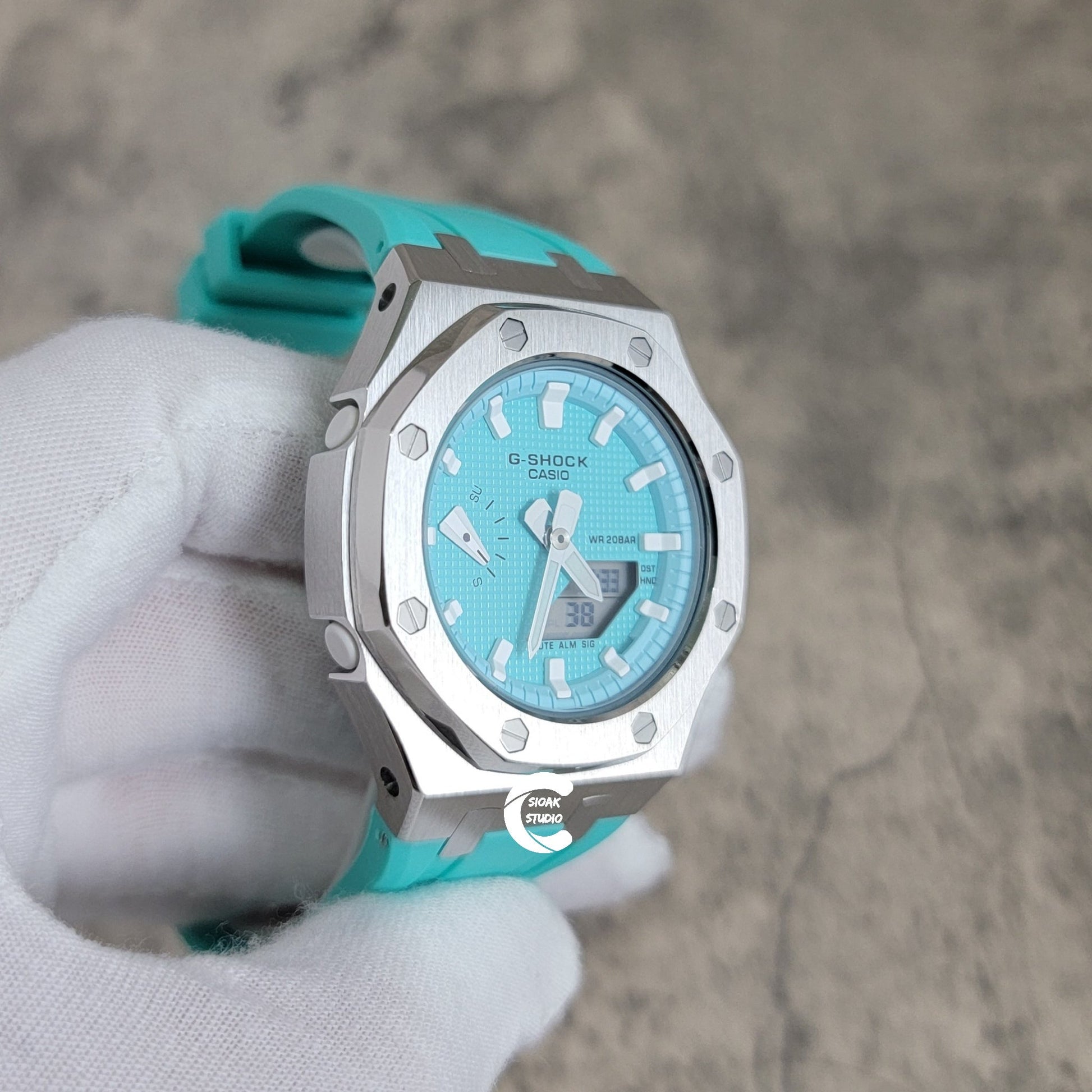 Casioak Mod Watch Silver Case Tiff Rubber Strap Tiff White Time Mark Tiff Blue Dial 42mm- Casioak Mod Casio G-Shock Royal Oak Custom Mens Luxury Watches Ga2100