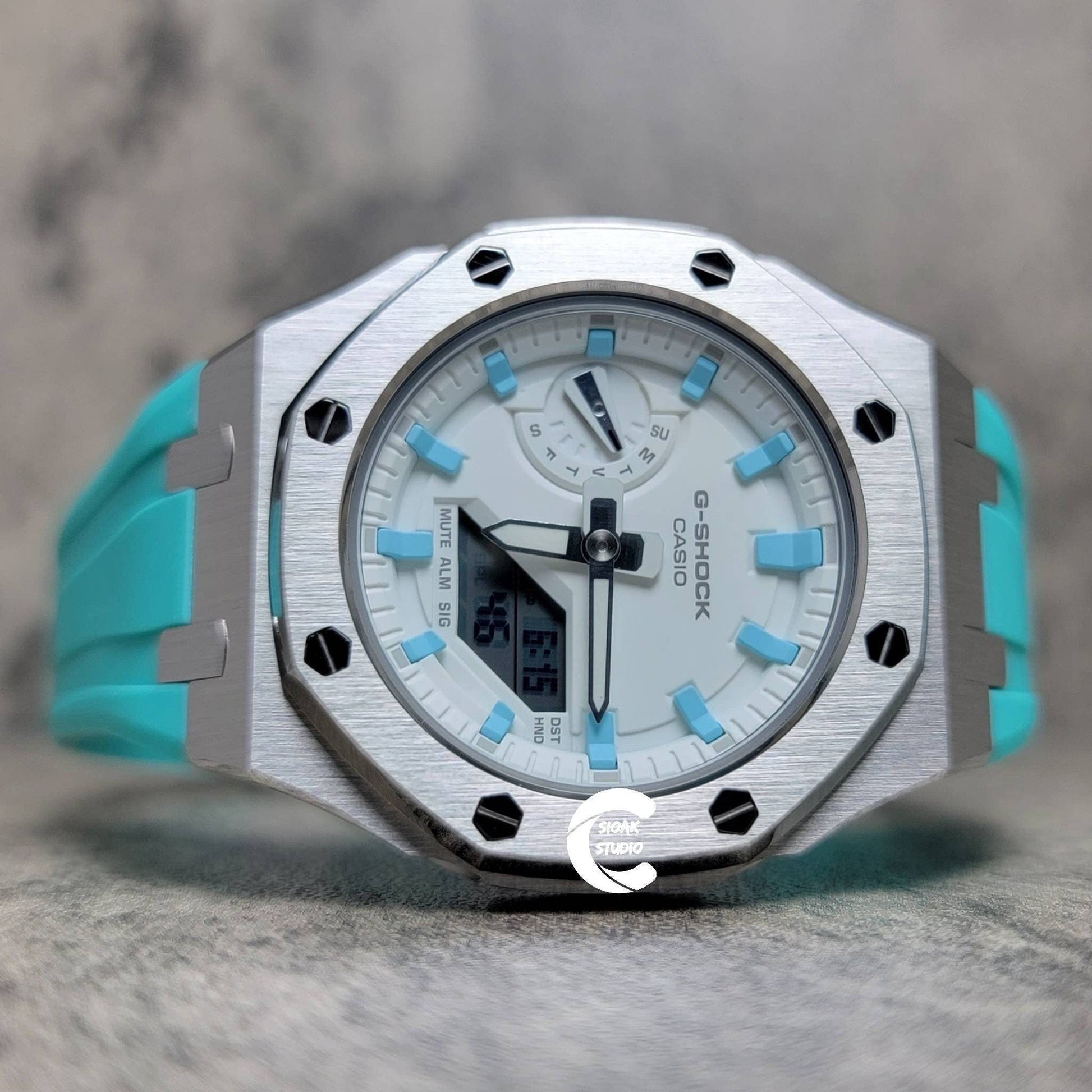 Casioak Mod Watch Silver Case Tiff Rubber Strap White Blue Time Mark White Dial 42mm- Casioak Mod Casio G-Shock Royal Oak Custom Mens Luxury Watches Ga2100