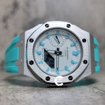 Casioak Mod Watch Silver Case Tiff Rubber Strap White Blue Time Mark White Dial 42mm- Casioak Mod Casio G-Shock Royal Oak Custom Mens Luxury Watches Ga2100