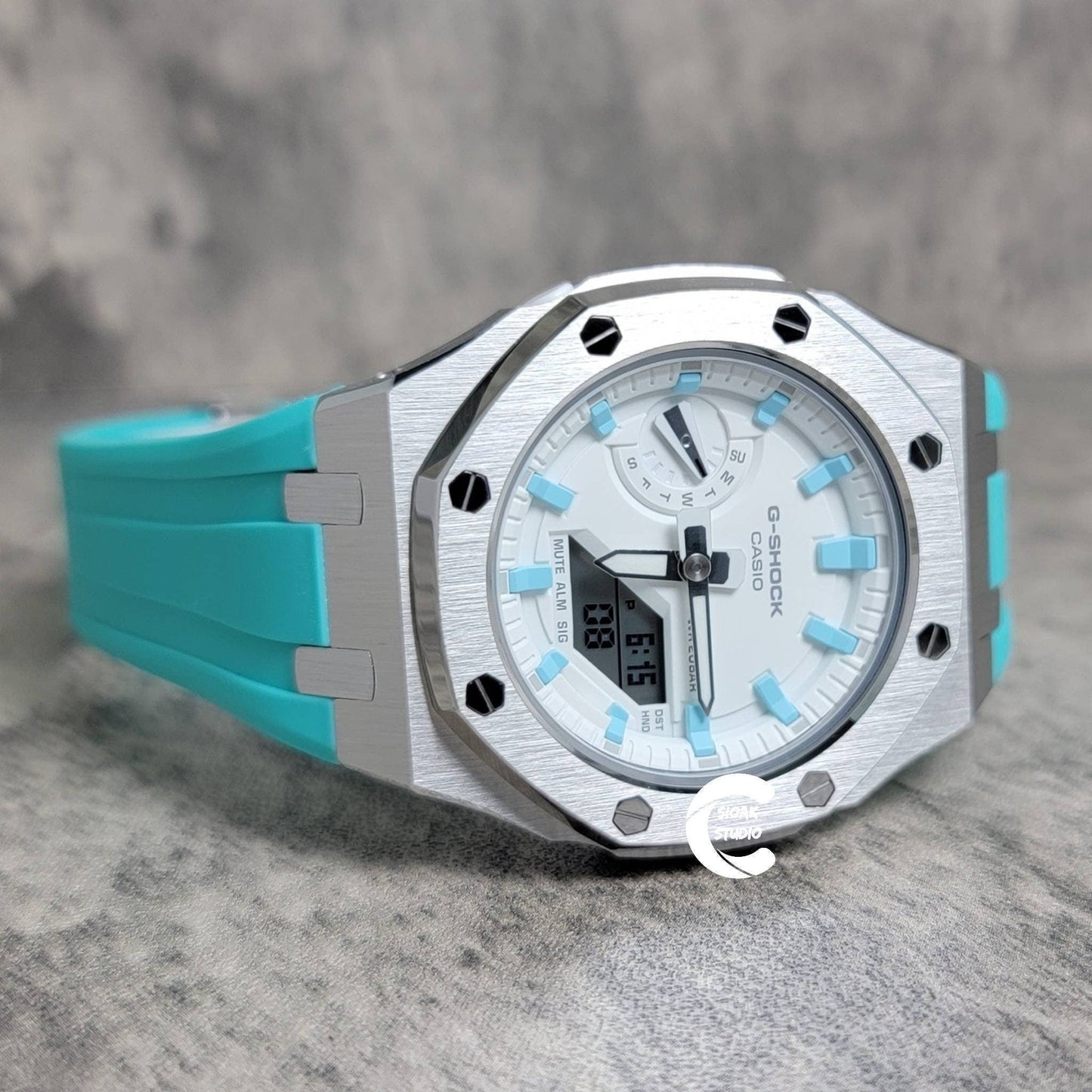 Casioak Mod Watch Silver Case Tiff Rubber Strap White Blue Time Mark White Dial 42mm- Casioak Mod Casio G-Shock Royal Oak Custom Mens Luxury Watches Ga2100