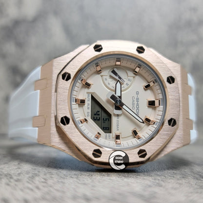 Casioak Mod Watch Silver Case White Rubber Strap Beige Rose Gold Time Mark Beige Dial 42mm- Casioak Mod Casio G-Shock Royal Oak Custom Mens Luxury Watches Ga2100
