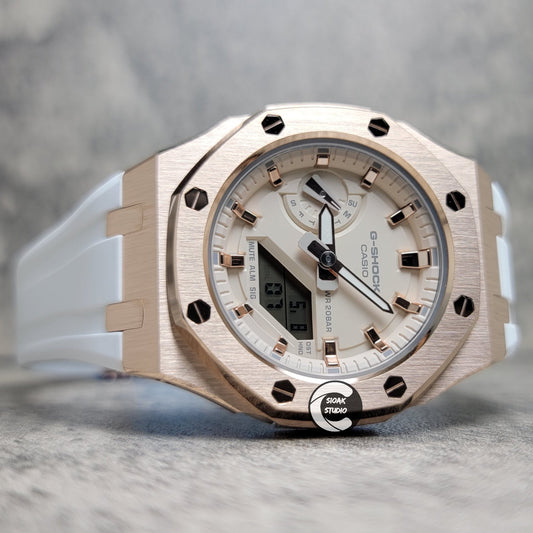 Casioak Mod Watch Silver Case White Rubber Strap Beige Rose Gold Time Mark Beige Dial 42mm- Casioak Mod Casio G-Shock Royal Oak Custom Mens Luxury Watches Ga2100