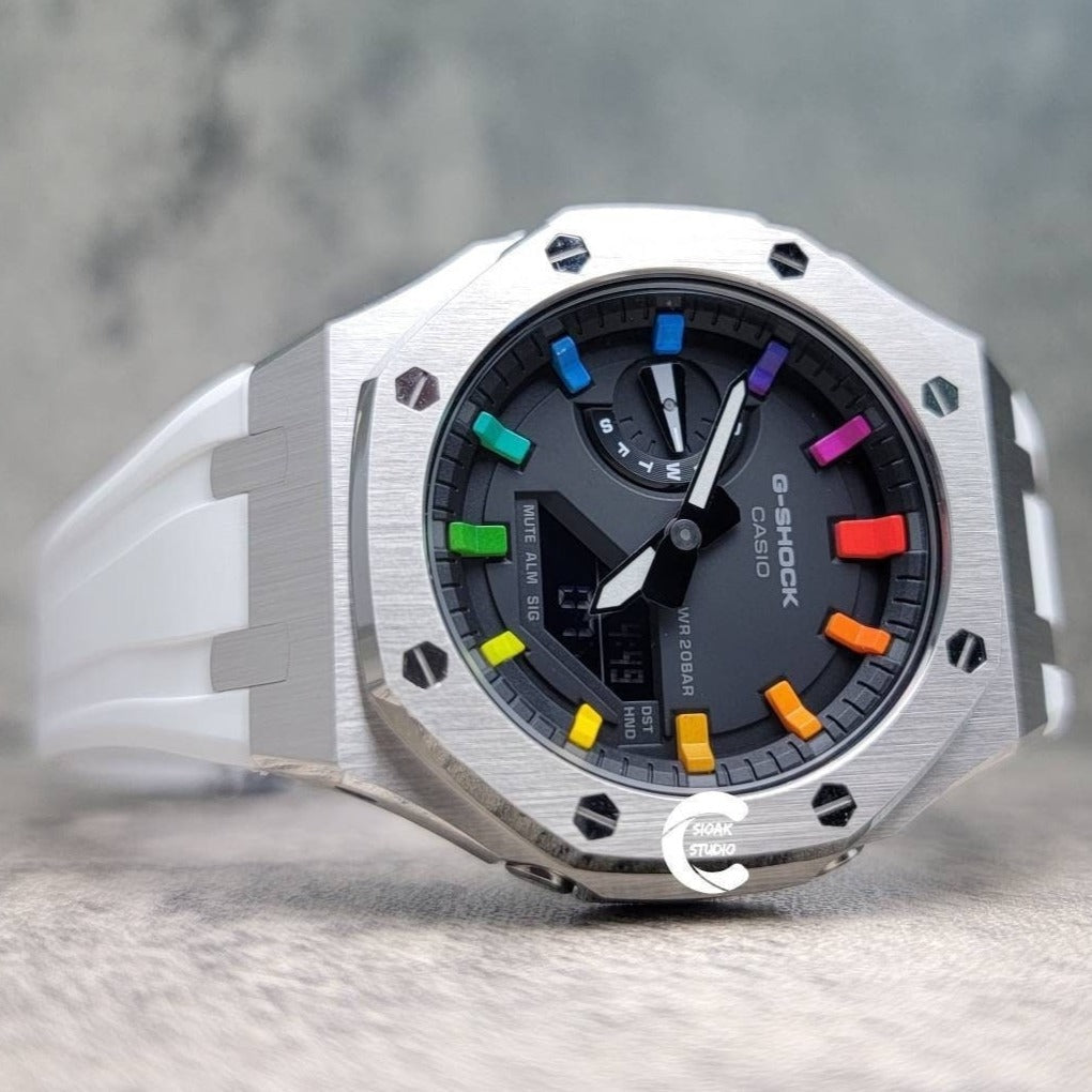 Casioak Mod Watch Silver Case White Rubber Strap Black Rainbow Time Mark Black Dial 44mm- Casioak Mod Casio G-Shock Royal Oak Custom Mens Luxury Watches Ga2100