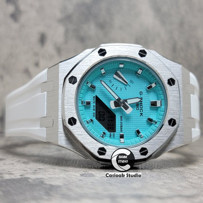 Casioak Mod Watch Silver Case White Rubber Strap Tiff Blue Silver Time Mark Tiff Blue Dial 42mm- Casioak Mod Casio G-Shock Royal Oak Custom Mens Luxury Watches Ga2100