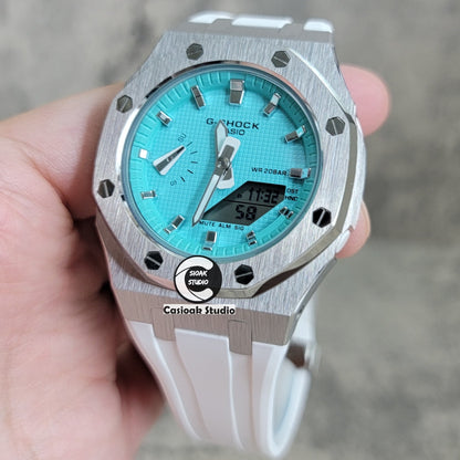 Casioak Mod Watch Silver Case White Rubber Strap Tiff Blue Silver Time Mark Tiff Blue Dial 42mm- Casioak Mod Casio G-Shock Royal Oak Custom Mens Luxury Watches Ga2100