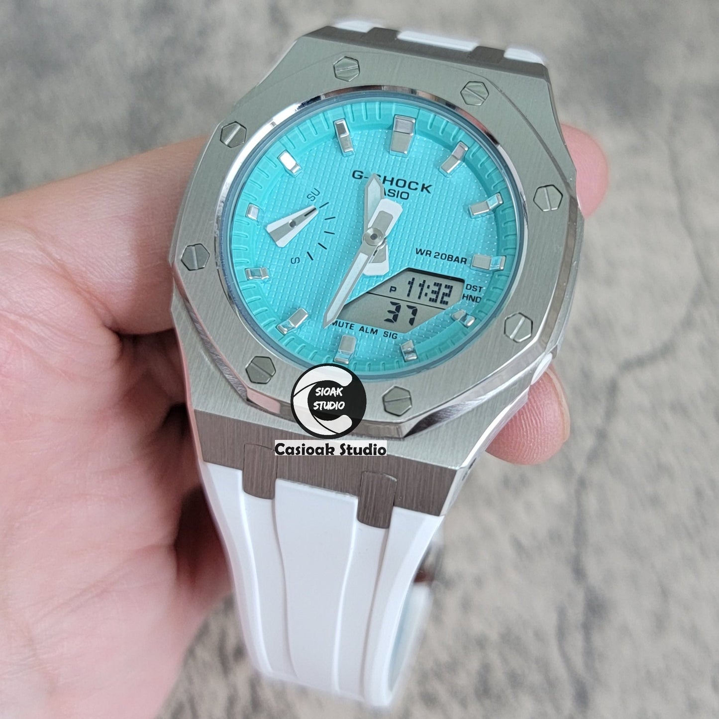 Casioak Mod Watch Silver Case White Rubber Strap Tiff Blue Silver Time Mark Tiff Blue Dial 42mm- Casioak Mod Casio G-Shock Royal Oak Custom Mens Luxury Watches Ga2100