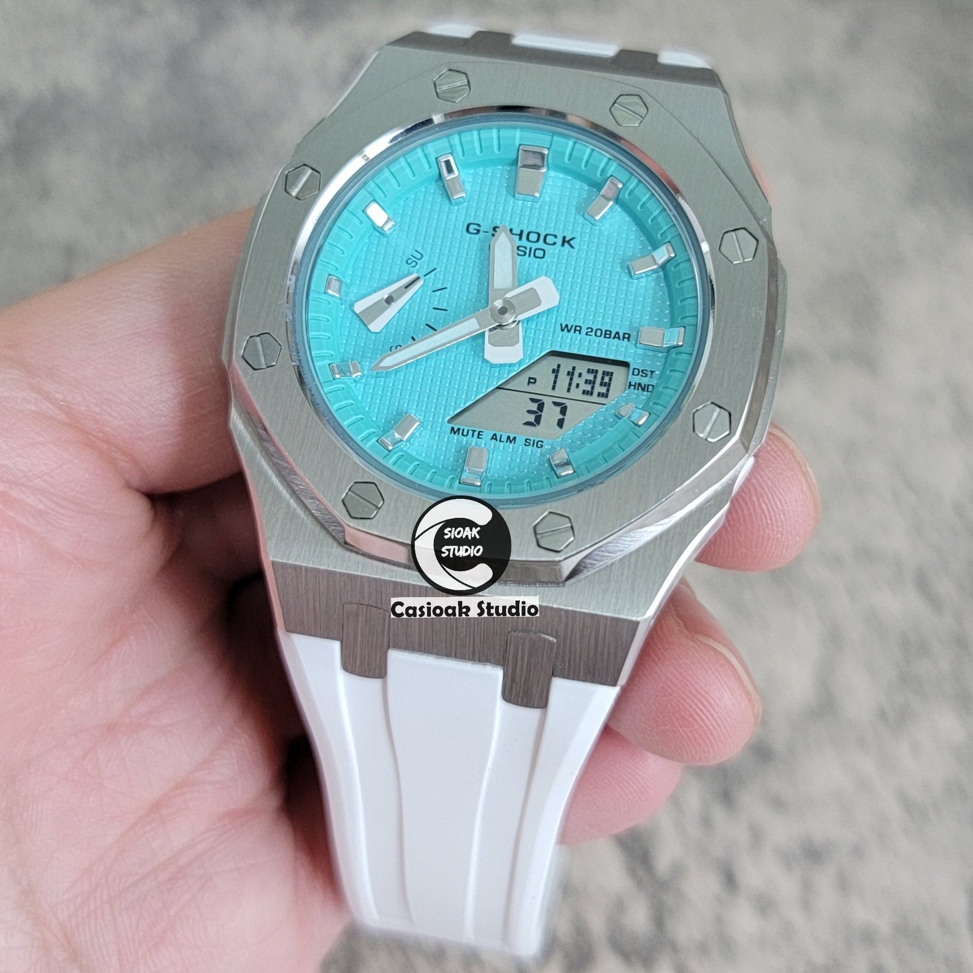 Casioak Mod Watch Silver Case White Rubber Strap Tiff Silver Time Mark Tiff Blue Dial 42mm 99999- Casioak Mod Casio G-Shock Royal Oak Custom Mens Luxury Watches Ga2100