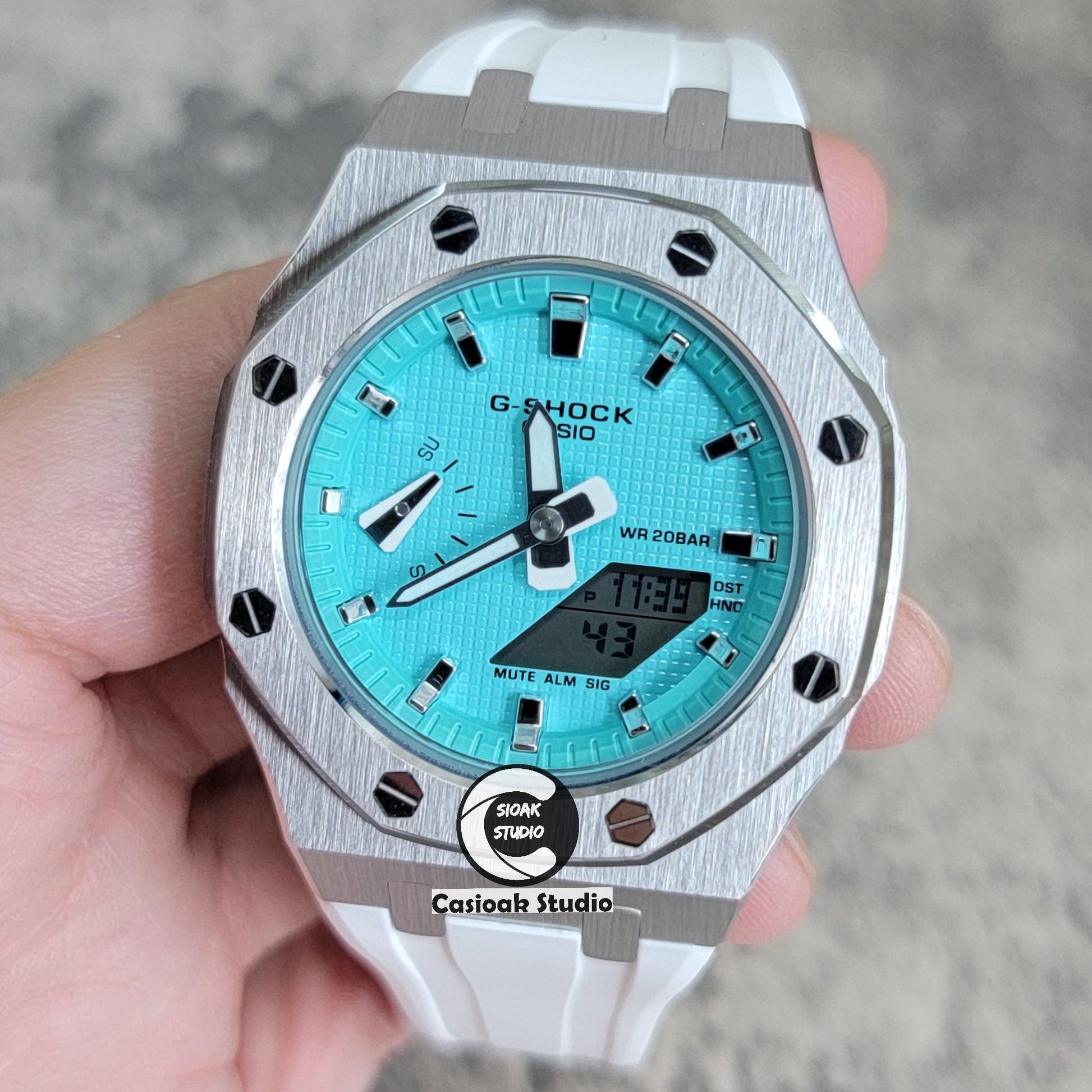 Casioak Mod Watch Silver Case White Rubber Strap Tiff Silver Time Mark Tiff Blue Dial 42mm- Casioak Mod Casio G-Shock Royal Oak Custom Mens Luxury Watches Ga2100