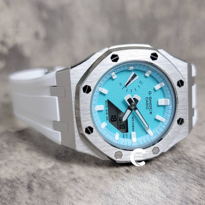 Casioak Mod Watch Silver Case White Rubber Strap Tiff White Time Mark Tiff Blue Dial 42mm- Casioak Mod Casio G-Shock Royal Oak Custom Mens Luxury Watches Ga2100