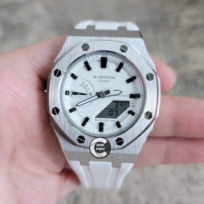 Casioak Mod Watch Silver Case White Rubber Strap White Black Time Mark White Dial 42mm- Casioak Mod Casio G-Shock Royal Oak Custom Mens Luxury Watches Ga2100