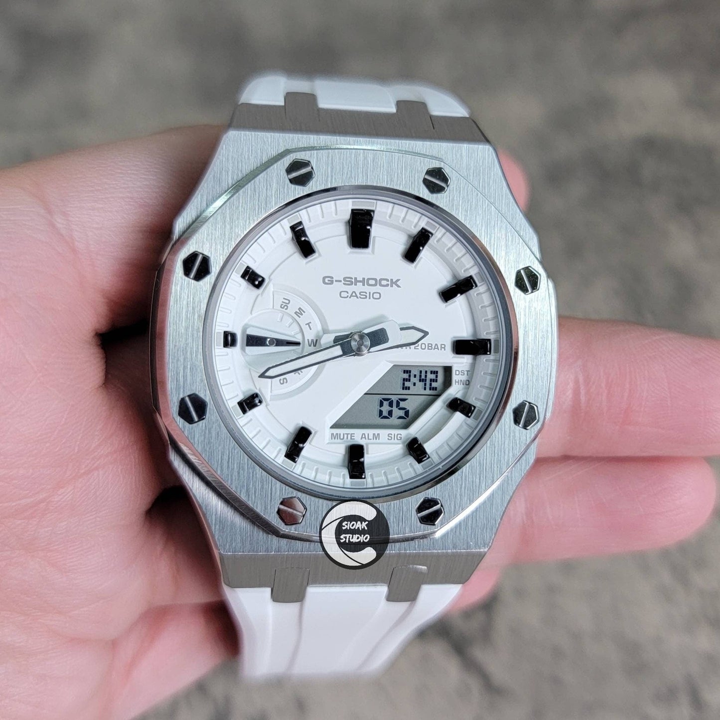 Casioak Mod Watch Silver Case White Rubber Strap White Black Time Mark White Dial 42mm- Casioak Mod Casio G-Shock Royal Oak Custom Mens Luxury Watches Ga2100