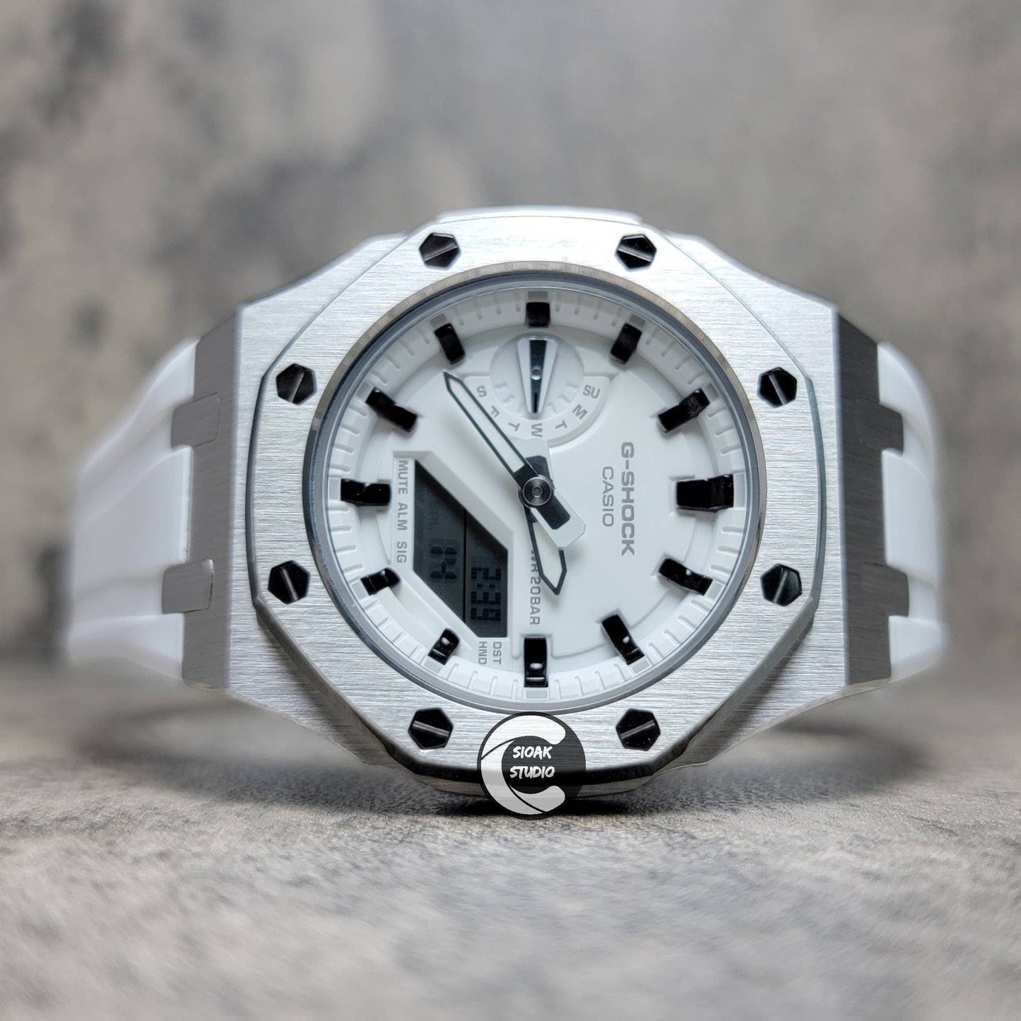 Casioak Mod Watch Silver Case White Rubber Strap White Black Time Mark White Dial 42mm- Casioak Mod Casio G-Shock Royal Oak Custom Mens Luxury Watches Ga2100