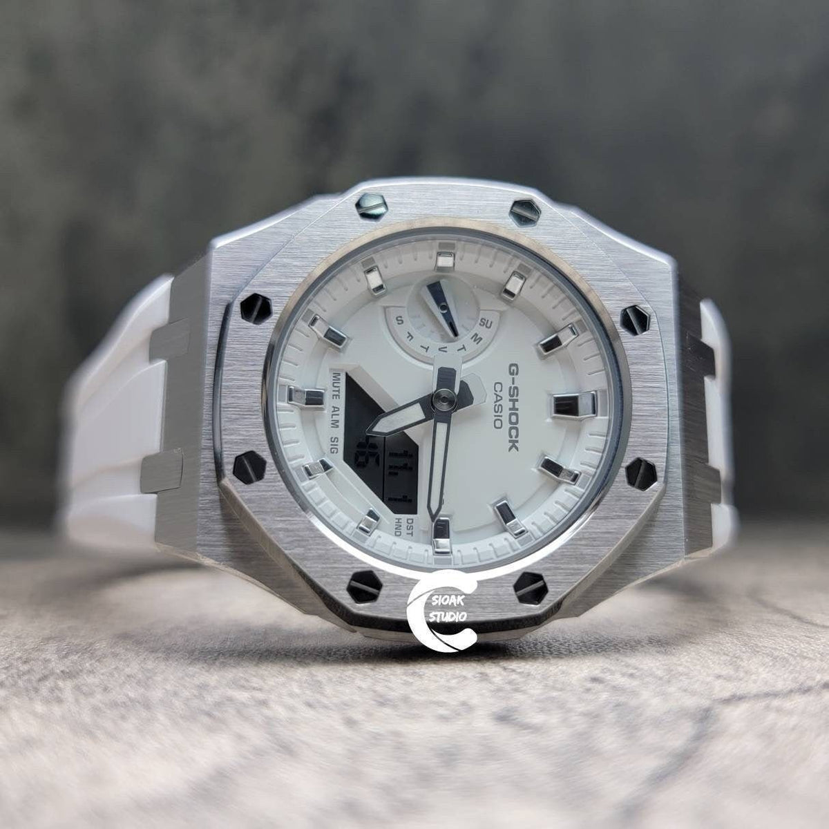 Casiooak Custom Casioak Mod Watch Silver Case White Rubber Strap White Silver Time Mark ...