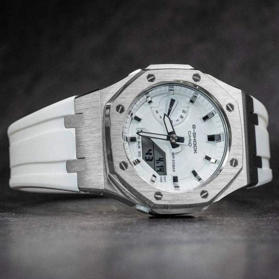 Casioak Mod Watch Silver Case White Rubber Strap White Silver Time Mark White Dial 42mm- Casioak Mod Casio G-Shock Royal Oak Custom Mens Luxury Watches Ga2100