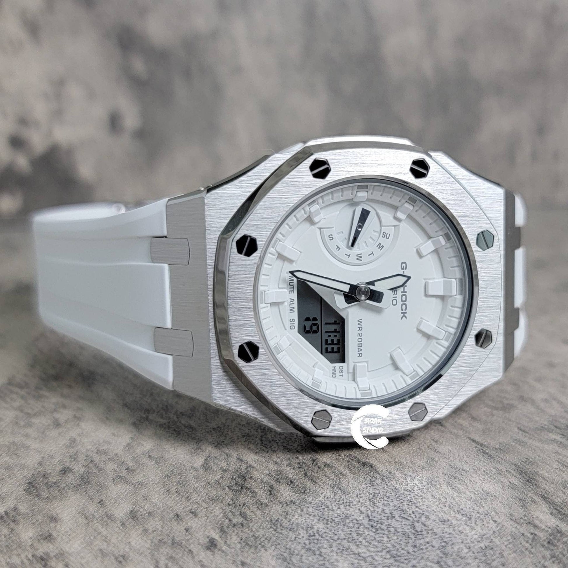 Casioak Mod Watch Silver Case White Rubber Strap White Time Mark White Dial 42mm- Casioak Mod Casio G-Shock Royal Oak Custom Mens Luxury Watches Ga2100