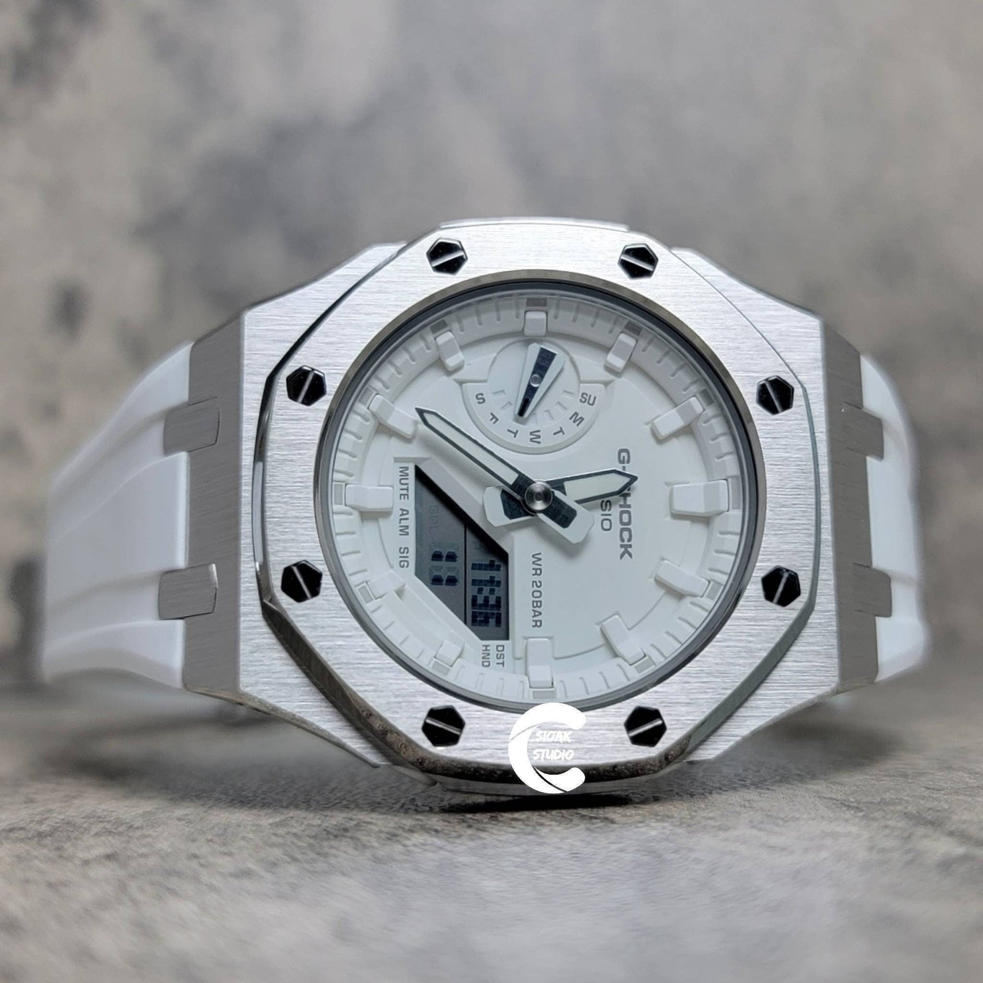 Casioak Mod Watch Silver Case White Rubber Strap White Time Mark White Dial 42mm- Casioak Mod Casio G-Shock Royal Oak Custom Mens Luxury Watches Ga2100