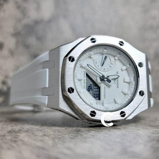 Casioak Mod Watch Silver Case White Rubber Strap White Time Mark White Dial 42mm- Casioak Mod Casio G-Shock Royal Oak Custom Mens Luxury Watches Ga2100