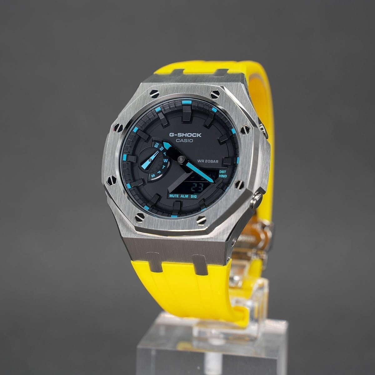 Casiooak Custom Casioak Mod Watch Silver Case Yellow Rubber Strap Black Time Mark Black ...