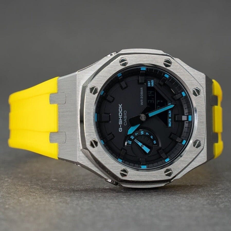 Casioak Custom Casioak Mod Watch Silver Case Yellow Rubber Strap Black Time Mark Black ...