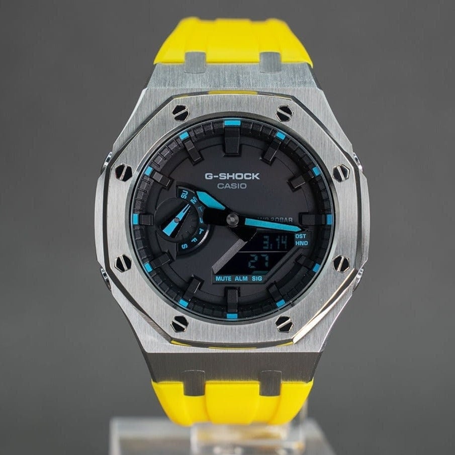Casiooak Custom Casioak Mod Watch Silver Case Yellow Rubber Strap Black Time Mark Black ...