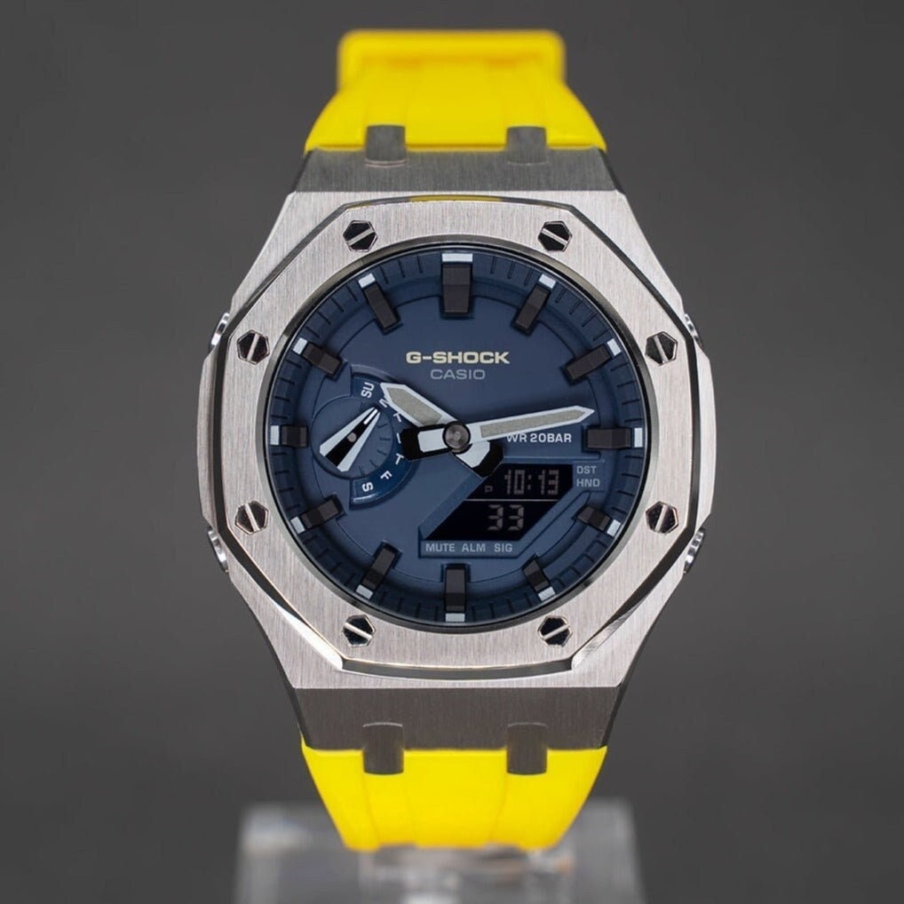 Casioak Mod Watch Silver Case Yellow Rubber Strap Blue Black Time Mark Blue Dial 44mm Gray- Casioak Mod Casio G-Shock Royal Oak Custom Mens Luxury Watches Ga2100