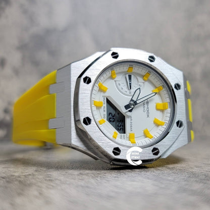 Casioak Mod Watch Silver Case Yellow Rubber Strap White Yellow Time Mark White Dial 42mm- Casioak Mod Casio G-Shock Royal Oak Custom Mens Luxury Watches Ga2100