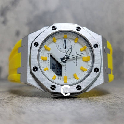 Casioak Mod Watch Silver Case Yellow Rubber Strap White Yellow Time Mark White Dial 42mm- Casioak Mod Casio G-Shock Royal Oak Custom Mens Luxury Watches Ga2100