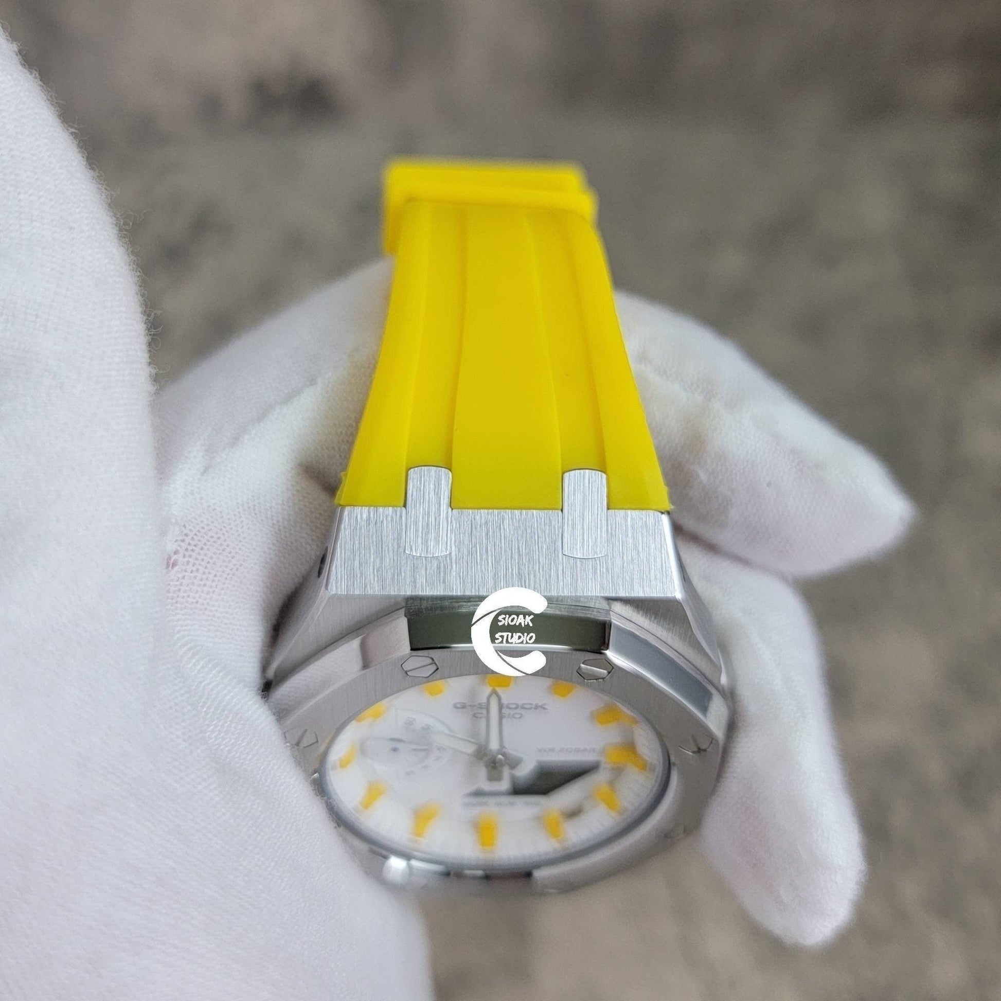 Casioak Mod Watch Silver Case Yellow Rubber Strap White Yellow Time Mark White Dial 42mm- Casioak Mod Casio G-Shock Royal Oak Custom Mens Luxury Watches Ga2100