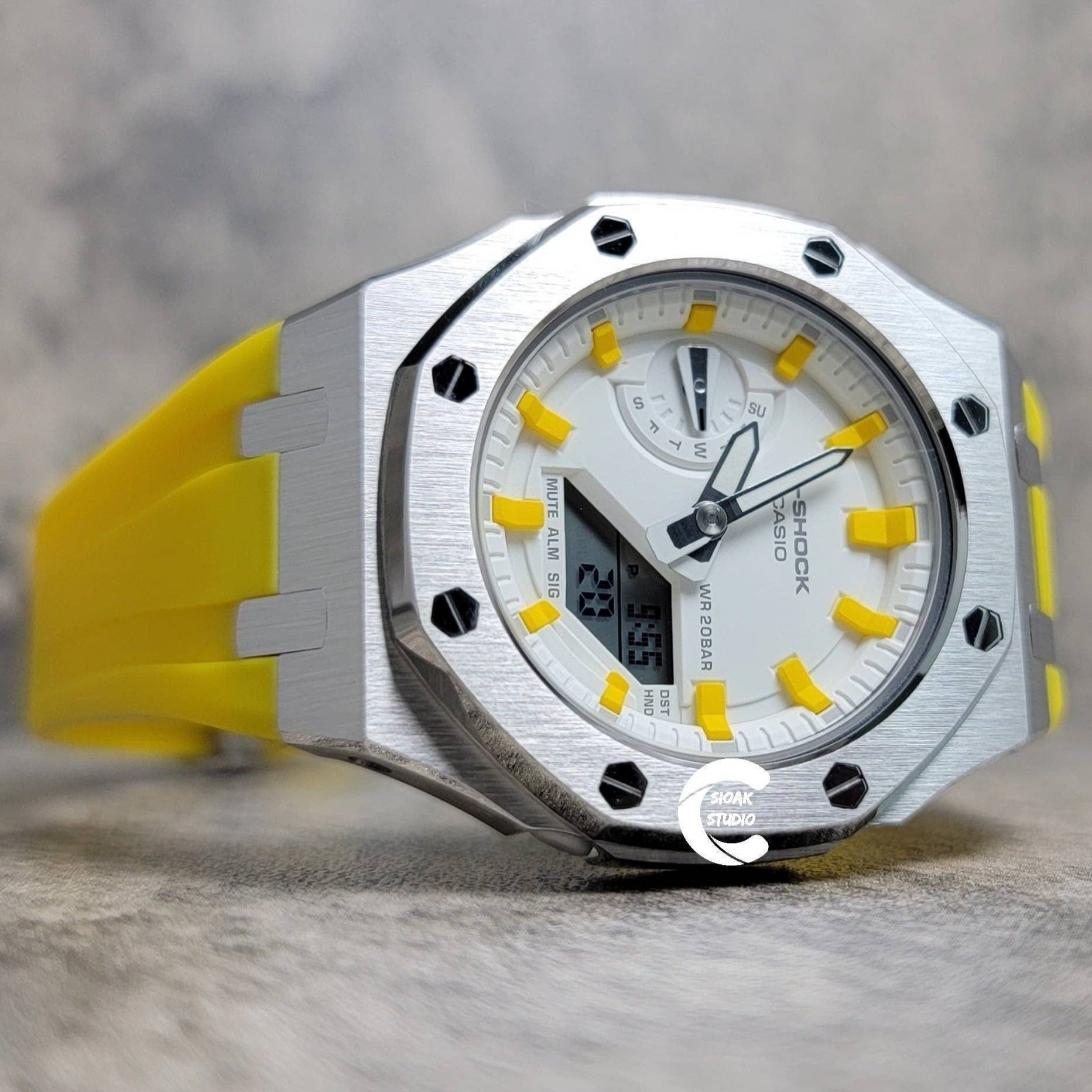 Casioak Mod Watch Silver Case Yellow Rubber Strap White Yellow Time Mark White Dial 42mm- Casioak Mod Casio G-Shock Royal Oak Custom Mens Luxury Watches Ga2100