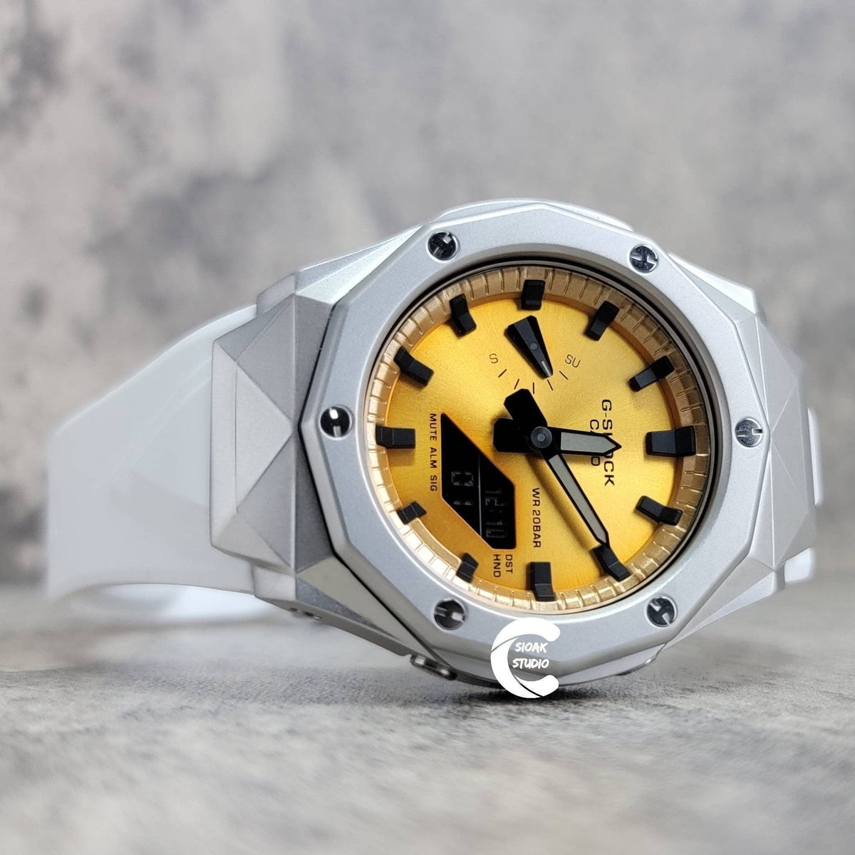 Casioak Custom Casioak Mod Watch Silver Hb Case White Strap Gold Black Time Mark Gold ...