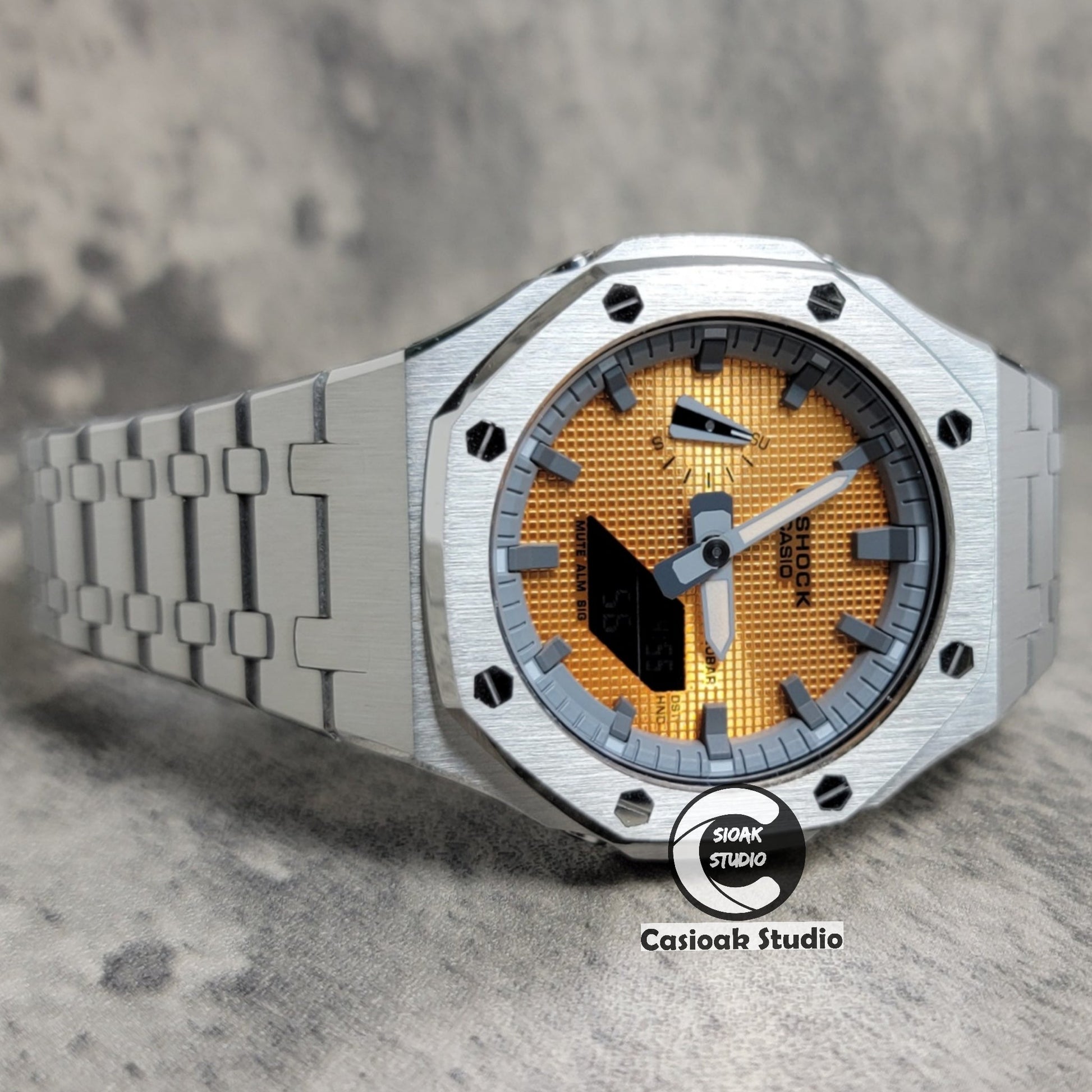 Casioak Mod Watch Sliver Case Metal Strap Gray Time Mark Gold Waffle Dial 44mm- Casioak Mod Casio G-Shock Royal Oak Custom Mens Luxury Watches Ga2100