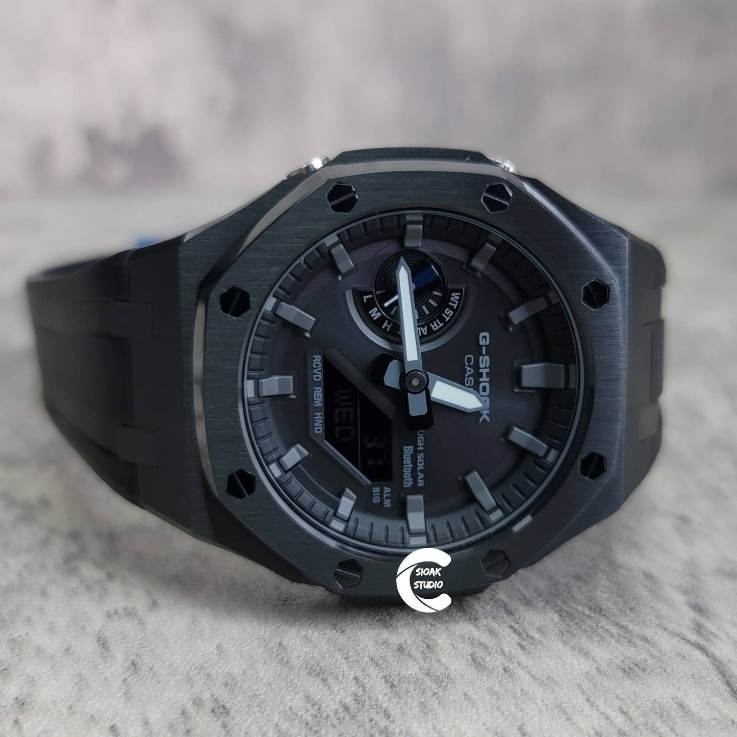 Casioak Mod Watch Solar Bluetooth Black Case Black Rubber Strap Black Gray Time Mark Black Gray Dial 44mm- Casioak Mod Casio G-Shock Royal Oak Custom Mens Luxury Watches Ga2100